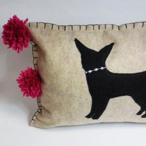 Beige Felt Pillow With Black Chihuahua Silhouette..