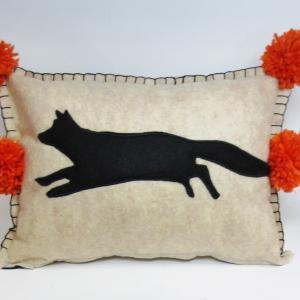Beige Felt Pillow With Black Fox Silhouette And..