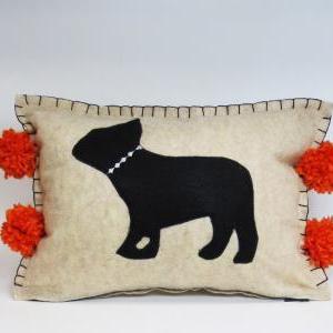 Beige Felt Pillow With Black Frenchie Silhouette..