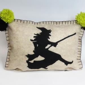 Beige Felt Silhouette Witch Pillow With Bright..