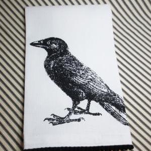 White Kitchen Towel Or Tea Towel With Crow Or..