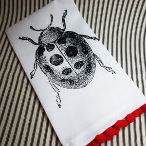 White Kitchen Towel Or Tea Towel With Lady Bug..
