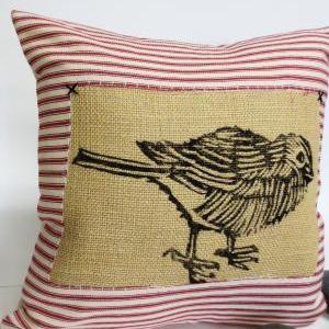 Red Ticking Stripe Pillow Cover With Sparrow Bird..