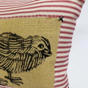 Red Ticking Stripe Pillow Cover With Sparrow Bird..