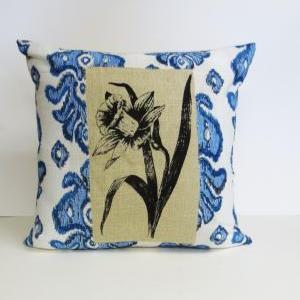 Blue Ikat Pillow Cover With Daffodil Screen Print..