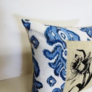 Blue Ikat Pillow Cover With Daffodil Screen Print..
