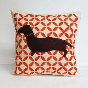 Hand Printed Pillow Cover With Felt Dachshund..