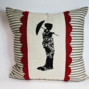 Decorative Throw Pillow Cushion Cover with Japanese Geisha Screen Print and Red Hand Cut Felt Scallop Trim