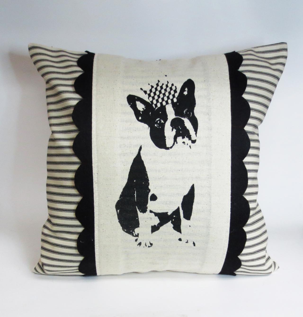 Screen Printed Boston Terrier Or Frenchie Pillow With Black And Ivory Accents