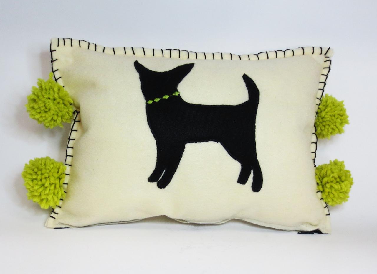 Ivory Felt Silhouette Chihuahua Pillow With Bright Green Accents