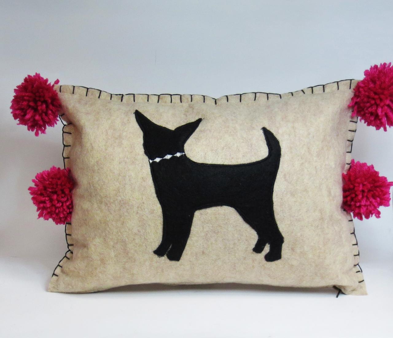 Beige Felt Pillow With Black Chihuahua Silhouette And Pink Accents