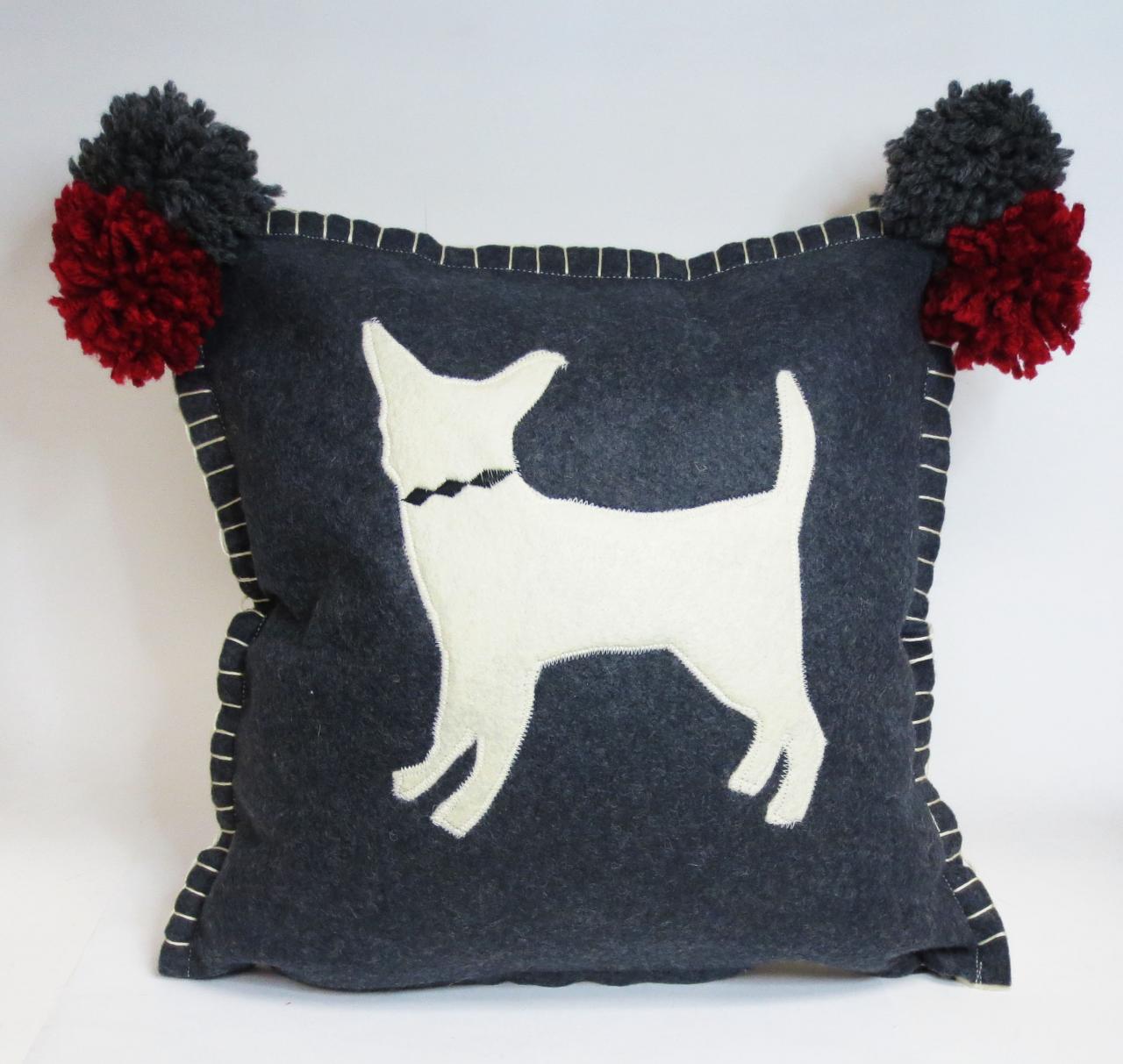 Gray Felt Pillow With Ivory Chihuahua Silhouette And Red Accents