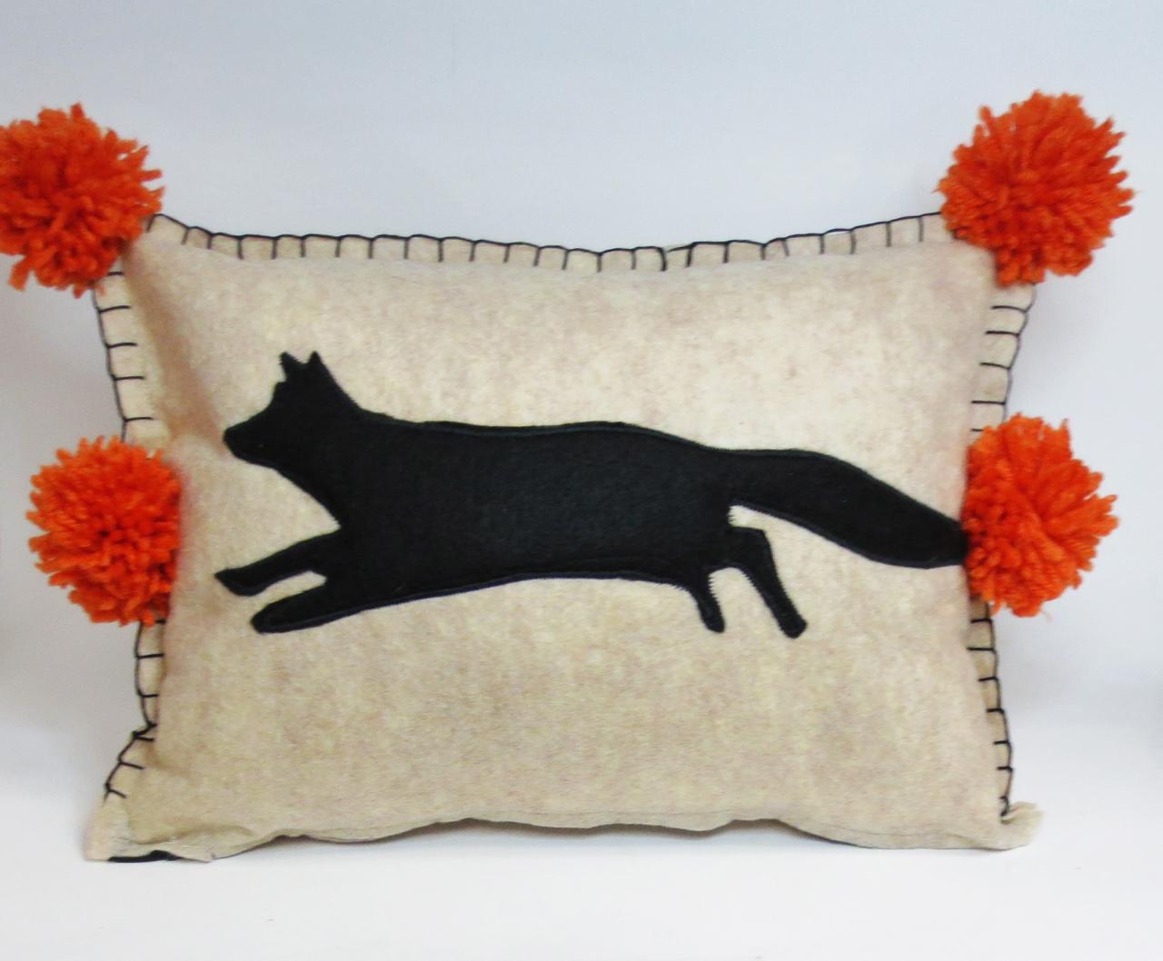 Beige Felt Pillow With Black Fox Silhouette And Pumpkin Orange Accents