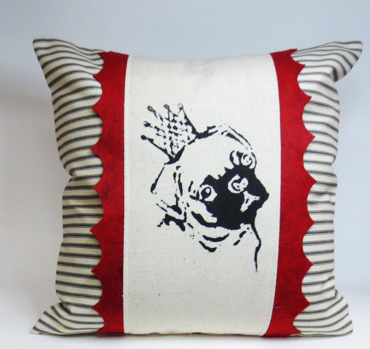 Decorative Throw Pillow Cushion Cover With Pug Screen Print And Red Hand Cut Felt Scallop Trim