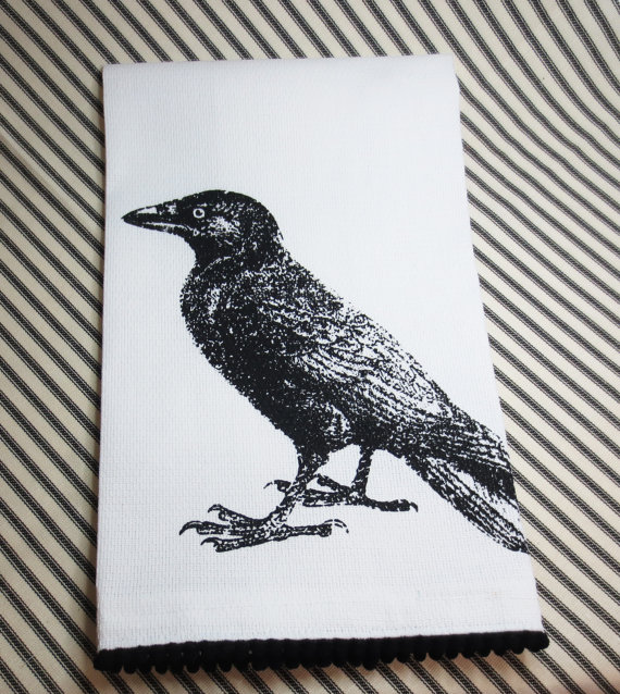 White Kitchen Towel Or Tea Towel With Crow Or Raven Screen Print