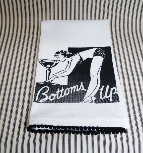 White Kitchen Towel Or Tea Towel With Pin Up Girl Screen Print