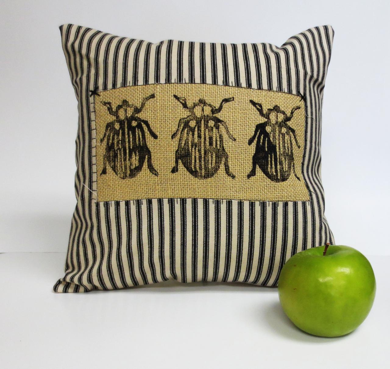 Decorative Pillow Cover With Beetle Hand Block Print Design