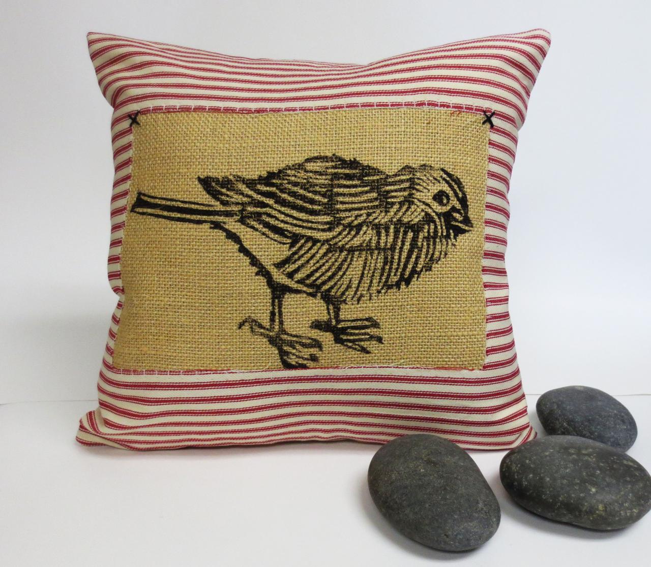 Red Ticking Stripe Pillow Cover With Sparrow Bird Block Print Over Burlap - Your Choice Of Ticking Stripe