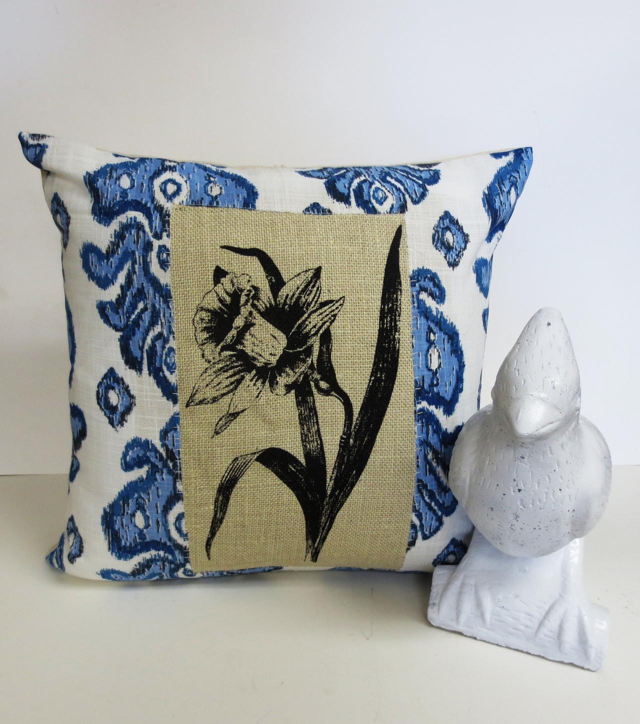 Blue Ikat Pillow Cover With Daffodil Screen Print On Burlap