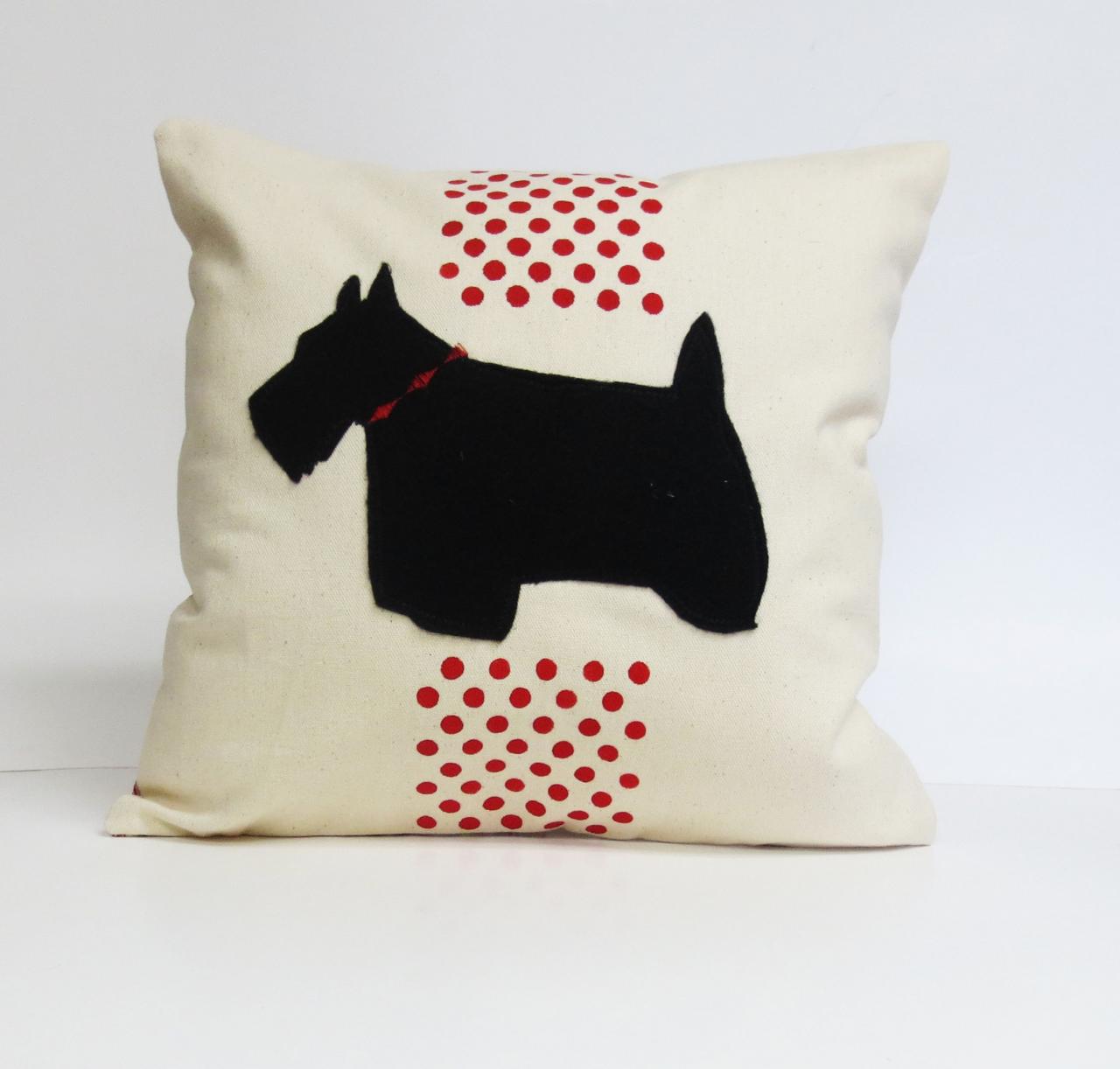 Hand Printed Polka Dot Pillow Cover With Scottie Felt Applique