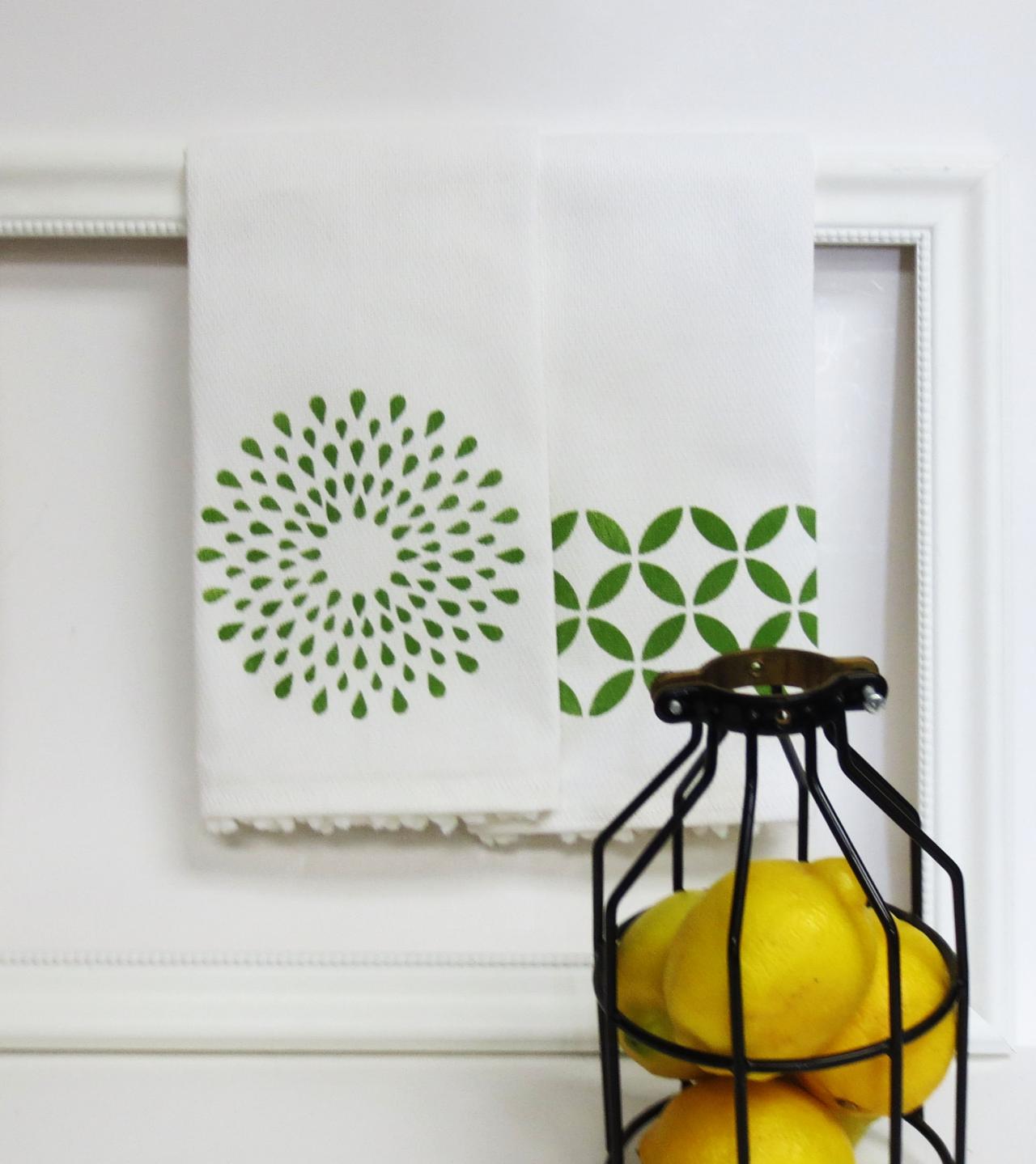 Pair Of Printed Geometric Tea Towels With White Pom Pom Trim Your Choice Of Print Color