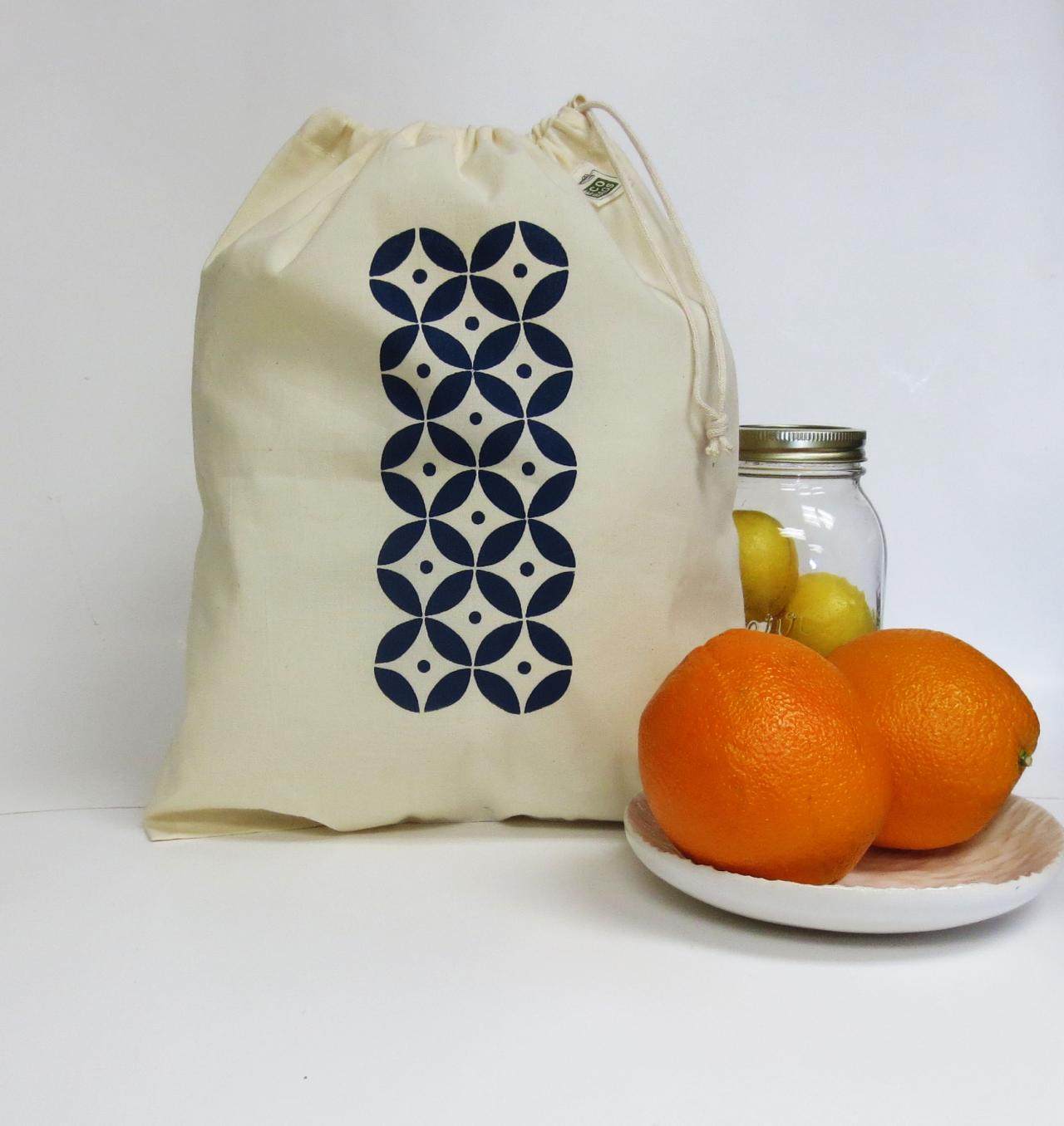 Organic Cotton Produce Bag Hand Printed Navy Blue Geometric Design
