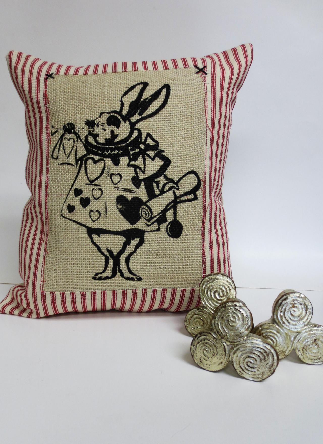 Red Ticking Stripe Fabric With Burlap And White Rabbit Screen Print