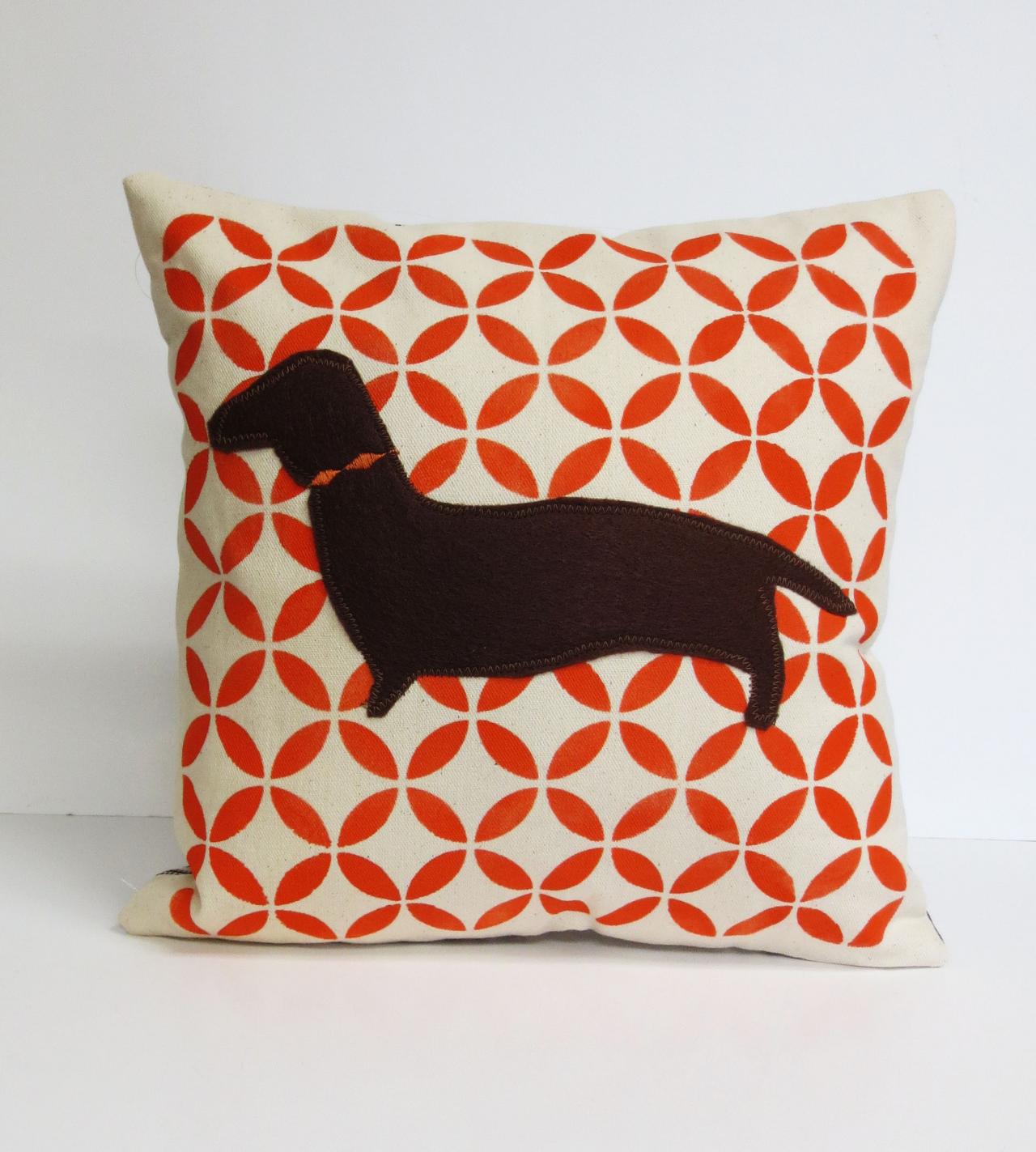 Hand Printed Pillow Cover With Felt Dachshund Applique