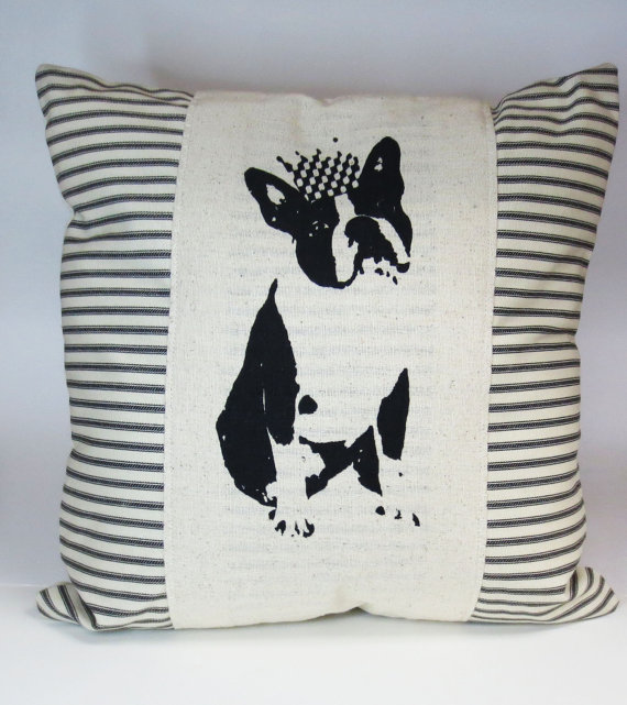 Decorative Pillow Cushion Cover With Black And Ivory Ticking Stripe And Black Frenchie Or Boston Terrier Screen Print