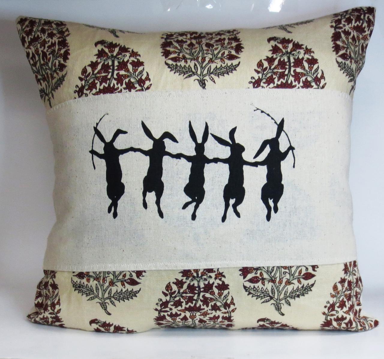 Decorative Pillow Cushion Cover With Paisley Linen And Dancing Rabbit Screenprint And Brown Pom Pom Trim