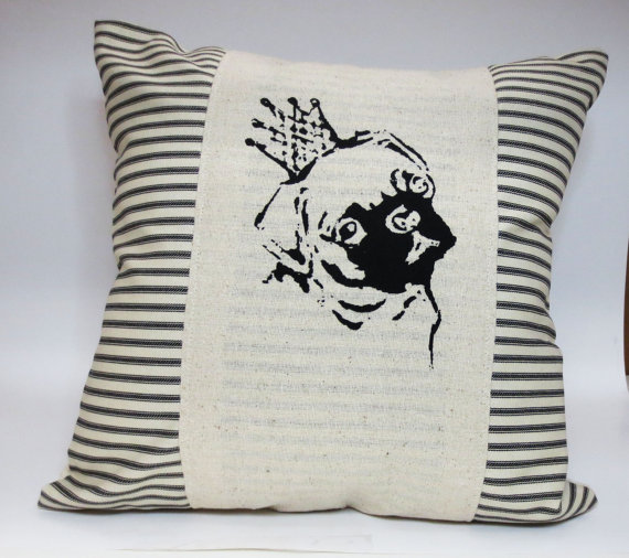 Decorative Throw Pillow Cushion Cover With Black Pug In A Crown Screen Print In Black