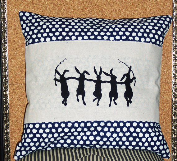 Decorative Pillow Cover With Navy Blue Cotton With White Ikat Style Polka Dots And Dancing Rabbit Screen Print