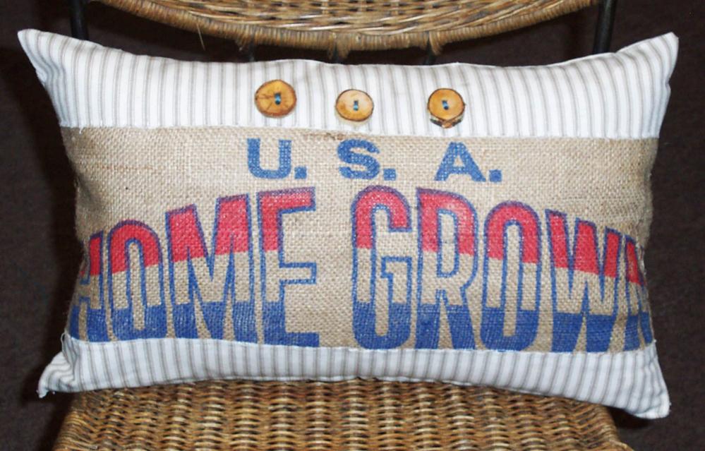 Burlap Sack Patch Kidney Pillow Cover Americana Red White And Blue Neutral Colors Home Grown Usa