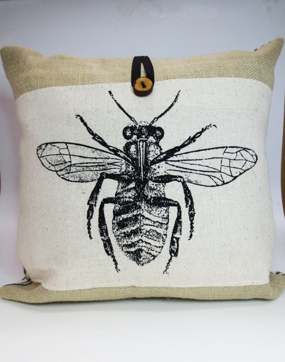 Burlap Throw Pillow With Bee Screen Print Design
