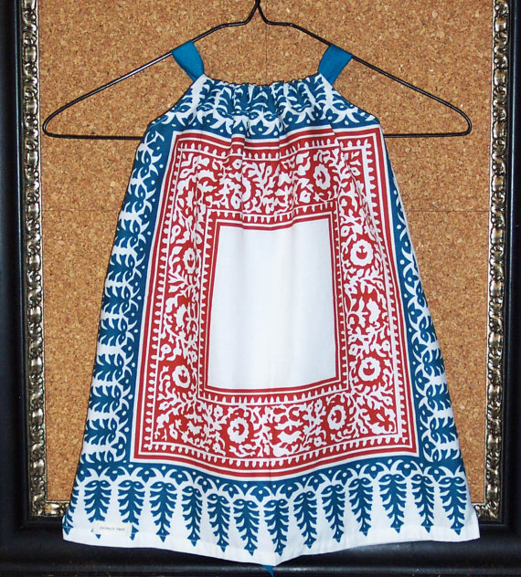 Girl's Smock Apron Style Dress Or Tunic In White Cotton With Rusty Red And Teal Moroccan Mosaic Sytle Print In 2 /3 T