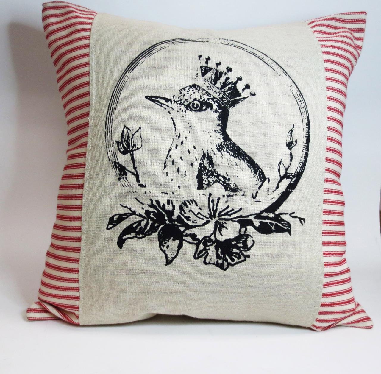 Decorative Throw Pillow Cushion Cover With Black Bird In A Crown Screen Printed In Black